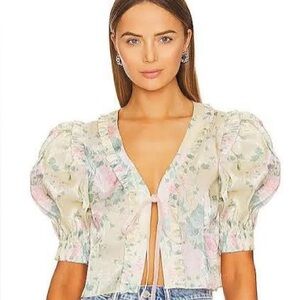 Selkie Cream Floral Puff-Sleeve Tie-Front Top
